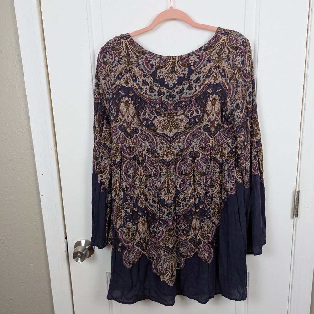 Free People | Navy Paisley Print V-Neck Tunic Dress Size 2 - Picture 2 of 7
